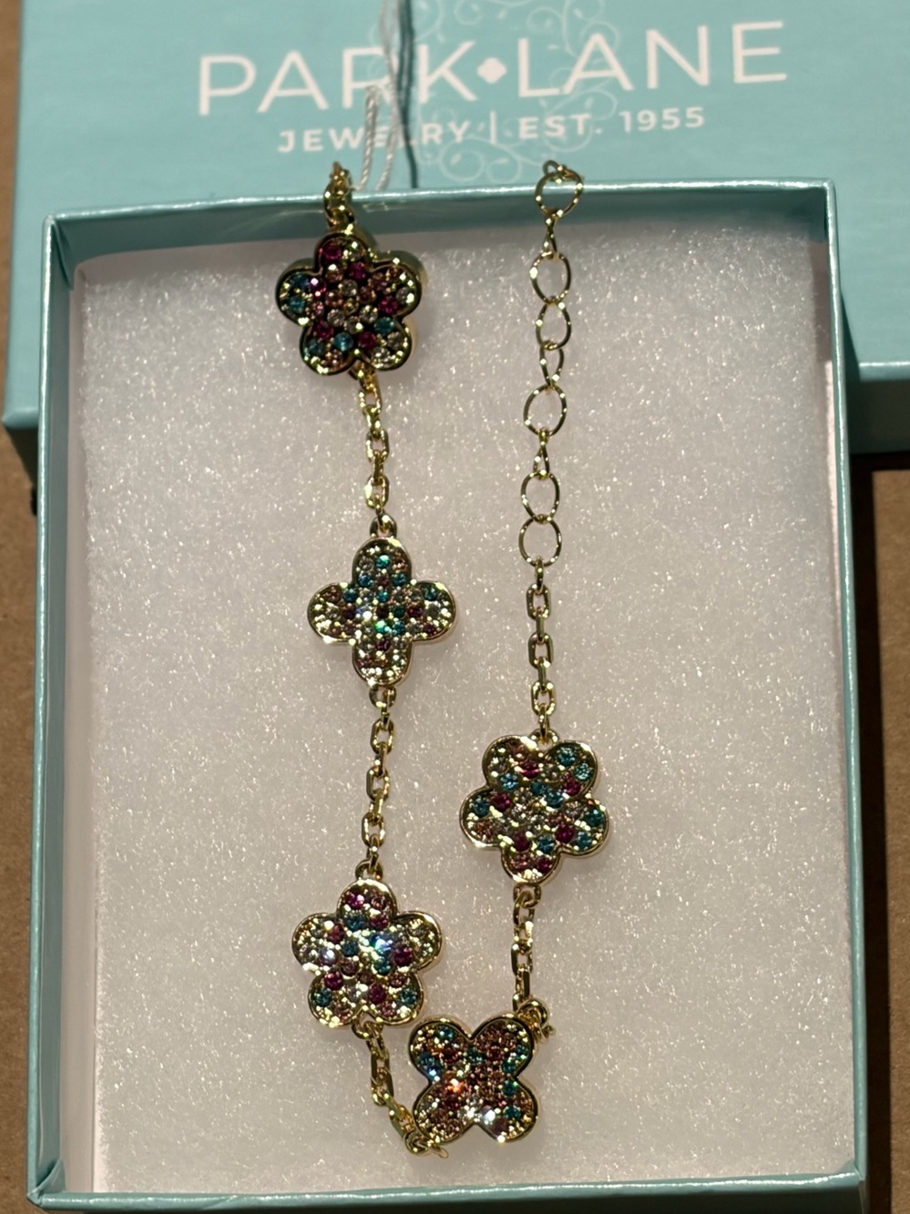 Park Lane Gold Flower Necklace with Blue, Pink, Green & Purple Crystals